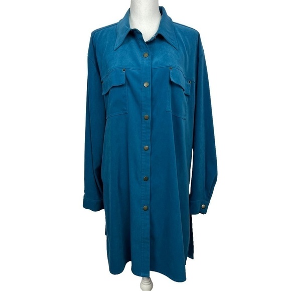 DENIM & CO Women’s Tunic/Blazer Button Top Sz 1X Teal Color Pockets Long Sleeves - Picture 1 of 12